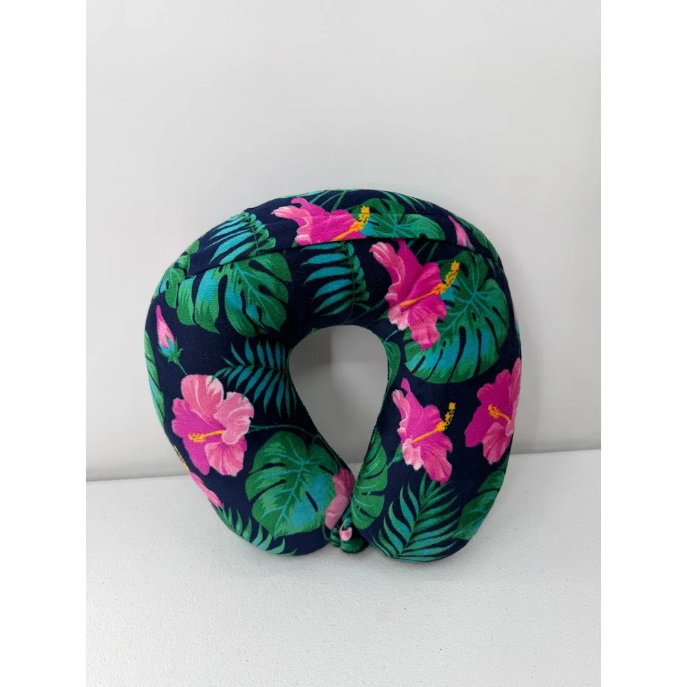 Tropical Floral Travel Neck Pillow Hibiscus Palm Leaf Navy Blue Snap Support OS